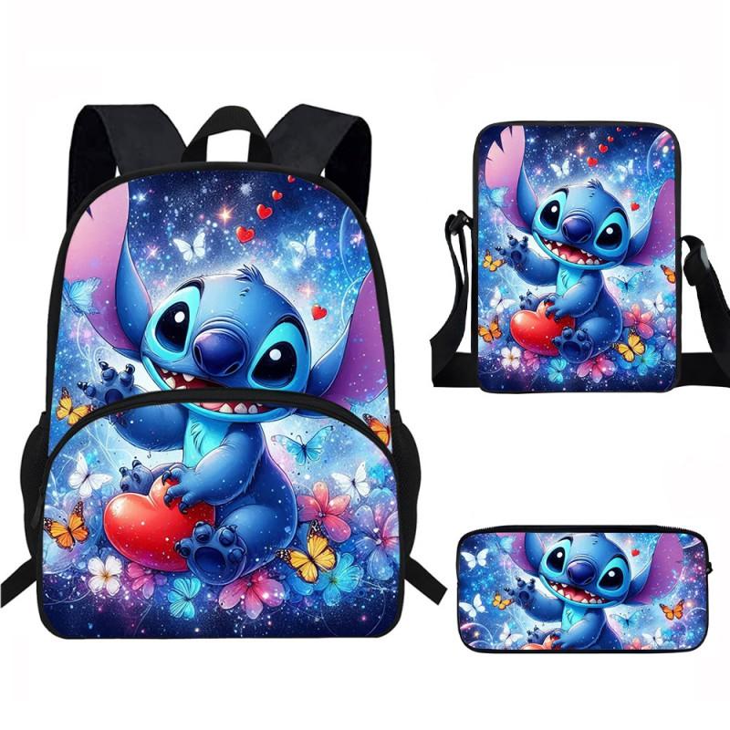 Stitch Kids School Backpack Set Elementary Students Oxford Fabric Ergonomic Design Printed Cartoon 3-Piece Bundle