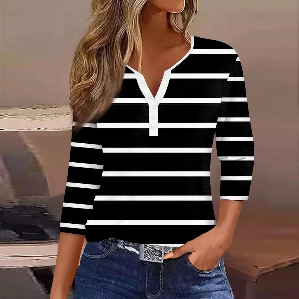 Women's Fashion Casual Striped Print V-Neck Decorative Button Three-quarter Sleeve T-Shirt Top