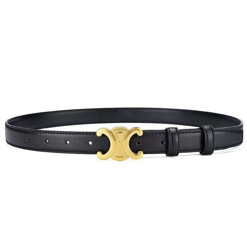 Fashionable Solid Color Gold Buckle Design Women Double Layer Belt Cowhide