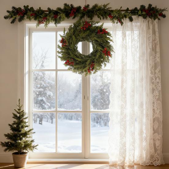 Рождественский венок из норфолкской сосны 24 дюйма для входной двери, искусственная зелень, кедровый венок с красными ягодами для фермерского дома, для внутреннего и наружного использования, для стены, окна