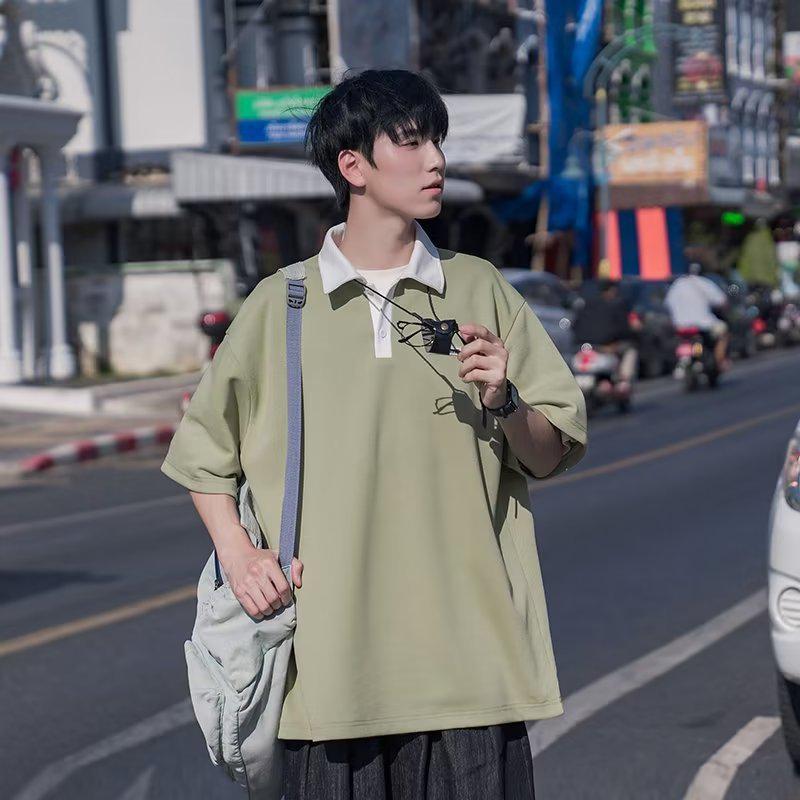 Мужская рубашка-поло в японском стиле в стиле ретро, контрастного цвета, плотная, свободного кроя, короткие рукава
