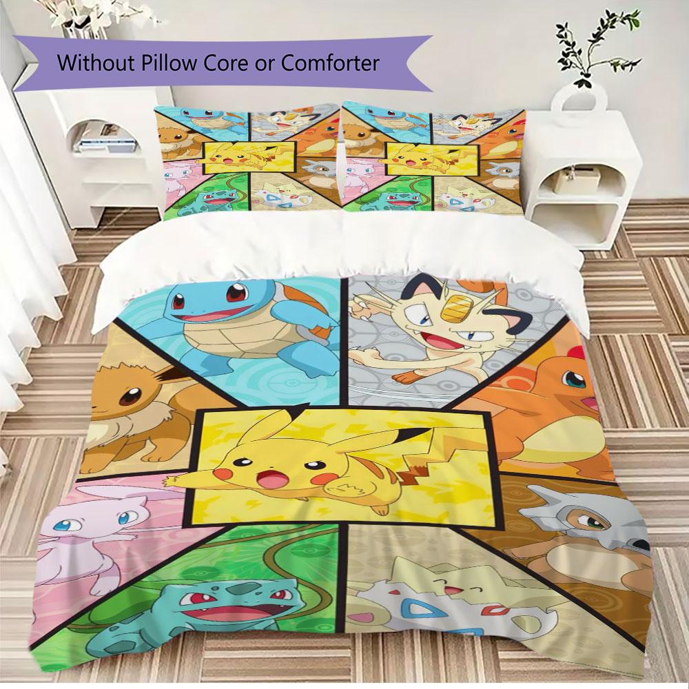 3pcs Pokémon-print bedding set includes a duvet cover and a pair of pillowcases (filling not included), perfect for bedroom use.