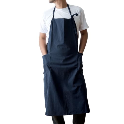 Chapdaddy Men's Water-Repellent Cafe-Style Apron with Linen Blend, Long Length, Slim Fit (Navy)
