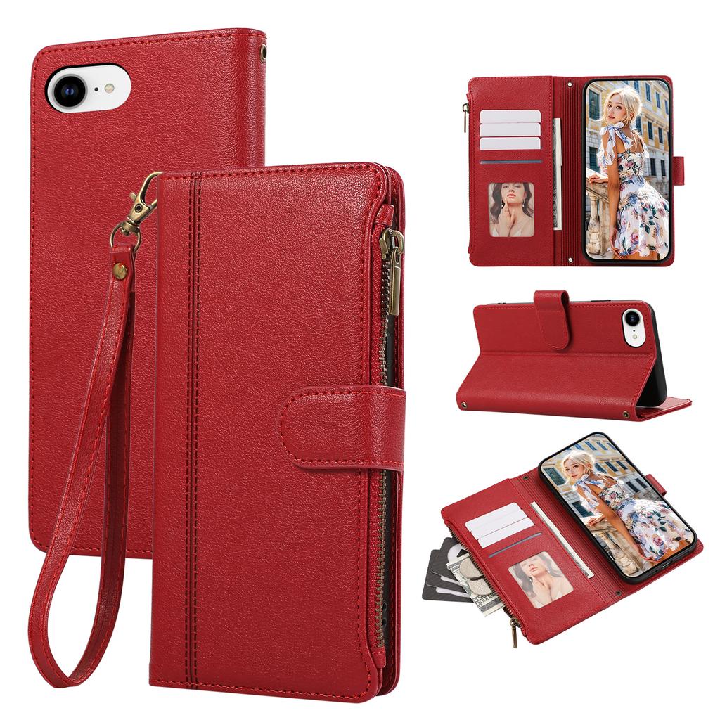 For iPhone 16e Case Multi Card Slots Zipper Leather Phone Cover with Wrist Strap