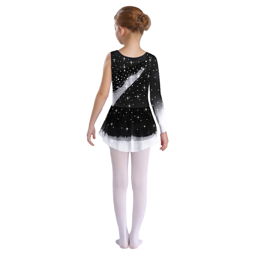 Girls Lyrical Dance Dress Round Neck Asymmetrical Split Shiny Rhinestones Contrast Color Figure Skating Gymnastics Gown