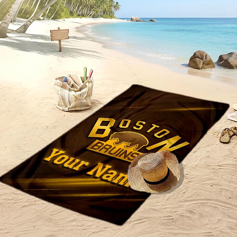 Boston Bruins Custom Beach Towel, Print Your Name Text Lightweight Absorbent Towel for Swimming Travel