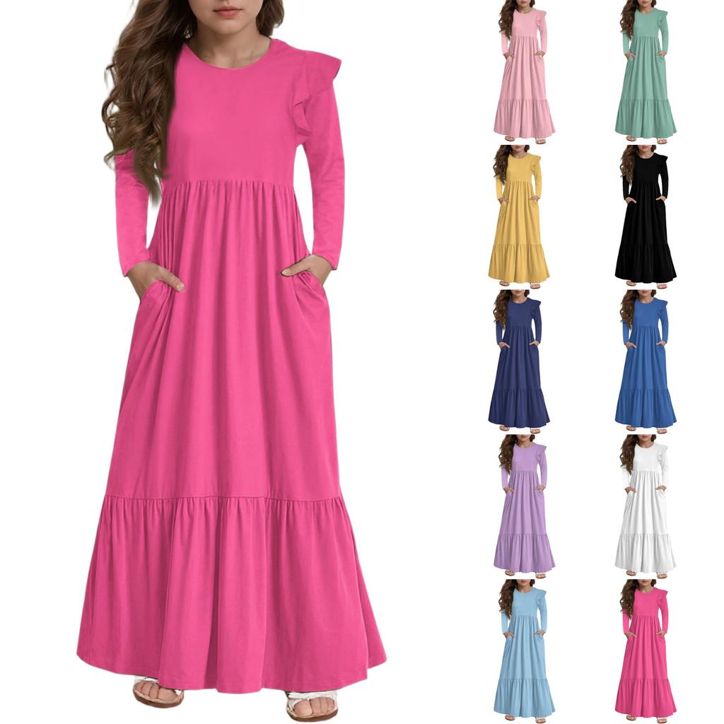 Girls' Tiered Ruffle Dress - Long Sleeve Printed Maxi With Pockets