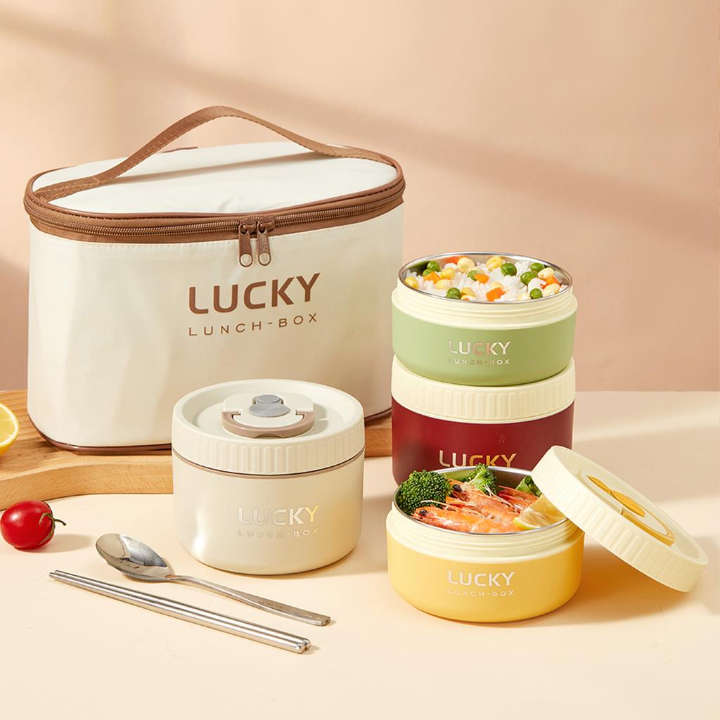 Insulated Bento Lunch Box With Tableware Microwave Safe Portable 304 Stainless Steel Food Storage Container Stackable