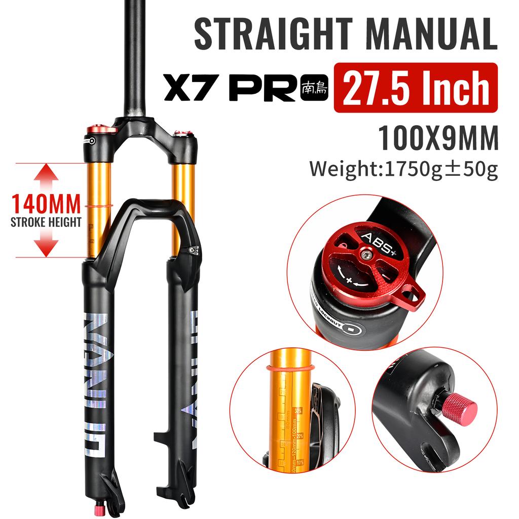 NANLIO X7 PRO Пружинно-воздушная вилка для горного велосипеда 26 27.5 29 дюймов Ход 120 140 мм Регулировка отскока Металлические втулки Черно-золотая вилка для велосипеда