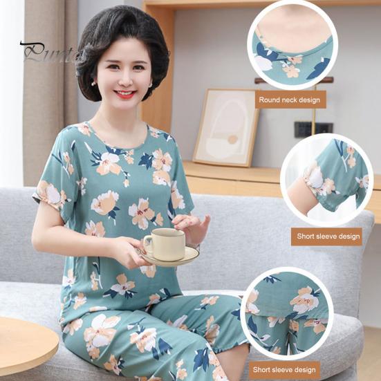 2 шт./компл. женский пижамный комплект среднего возраста с круглым вырезом и цветочным принтом, с коротким рукавом, эластичной резинкой на талии, плиссированные, свободные, тонкие, с широкими штанинами, мягкая одежда для сна для мамы, бабушки, топ