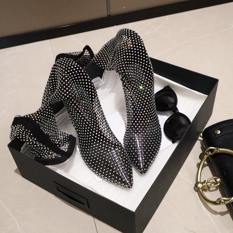 Летние новые женские новые роскошные брендовые босоножки на высоком каблуке, полые классные ботинки, сексуальные модные сандалии со стразами для банкета, большие размеры 34-42