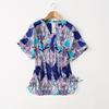 Export Export Ethnic Print Crimp Stylish V Neck Short Sleeve Satin Chiffon Shirt Pure Color Acetate Tops