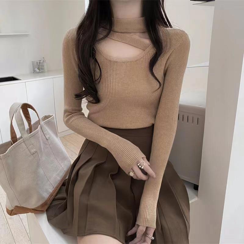 Осень и зима Приталенный свитер с круглым вырезом и висячей горловиной, вязаный свитер, женский асимметричный топ с длинными рукавами