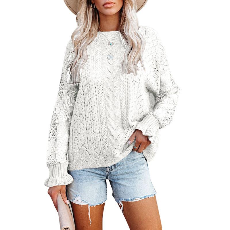 Женская весенне-осенняя ажурная круглая вязка свитер однотонная кружевная рубашка