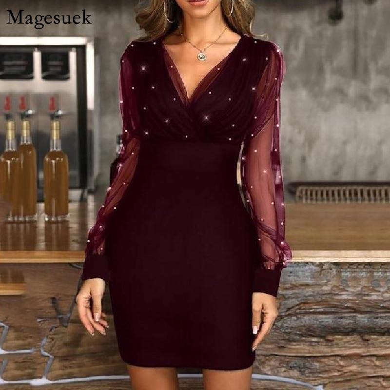 Mesh Stitching Shiny Dress Women Spring Sexy V-neck Slim Short Dress Party Long Sleeve Dresses Female Vestidos Elegant 18333