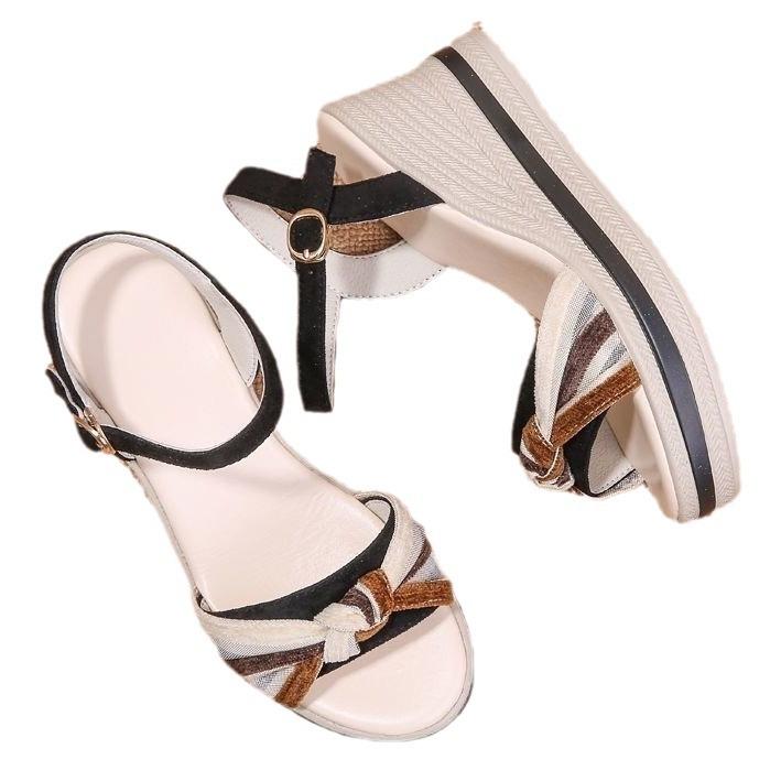 Slope heel leather sandals women's 2025 summer new versatile buckle with high heel thick sole heightening casual outer slippers