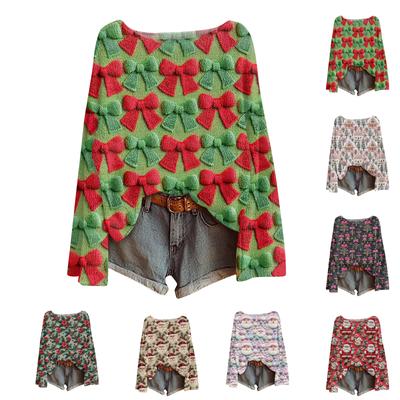 Женский модный повседневный трикотажный свитер с длинным рукавом и рождественским принтом, круглый вырез