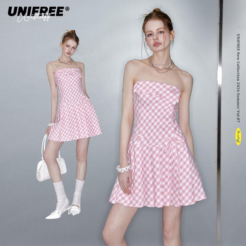 unifree Женское летнее платье-трапеция в клетку на бретельках