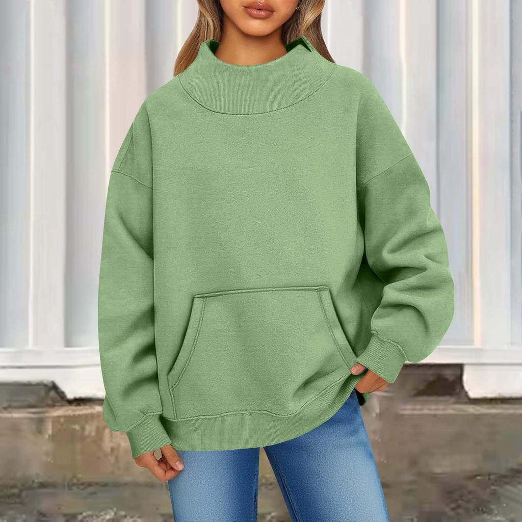 Женский модный повседневный однотонный пуловер с круглым вырезом, длинными рукавами и карманом, спортивный повседневный топ