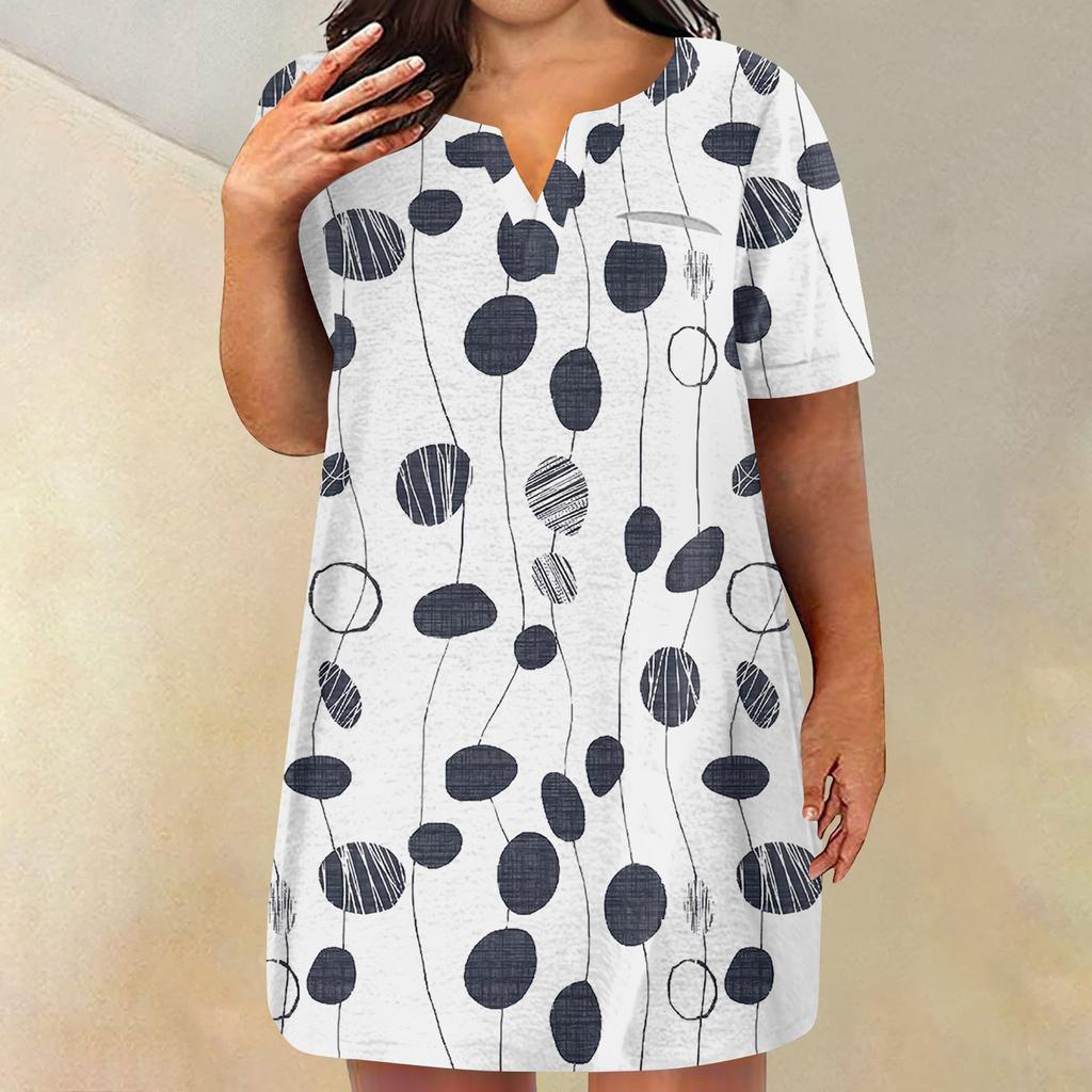 Womens Plus Size Dresses V Neck Short Sleeve Summer Casual Solid Dress Tunic With Pocket