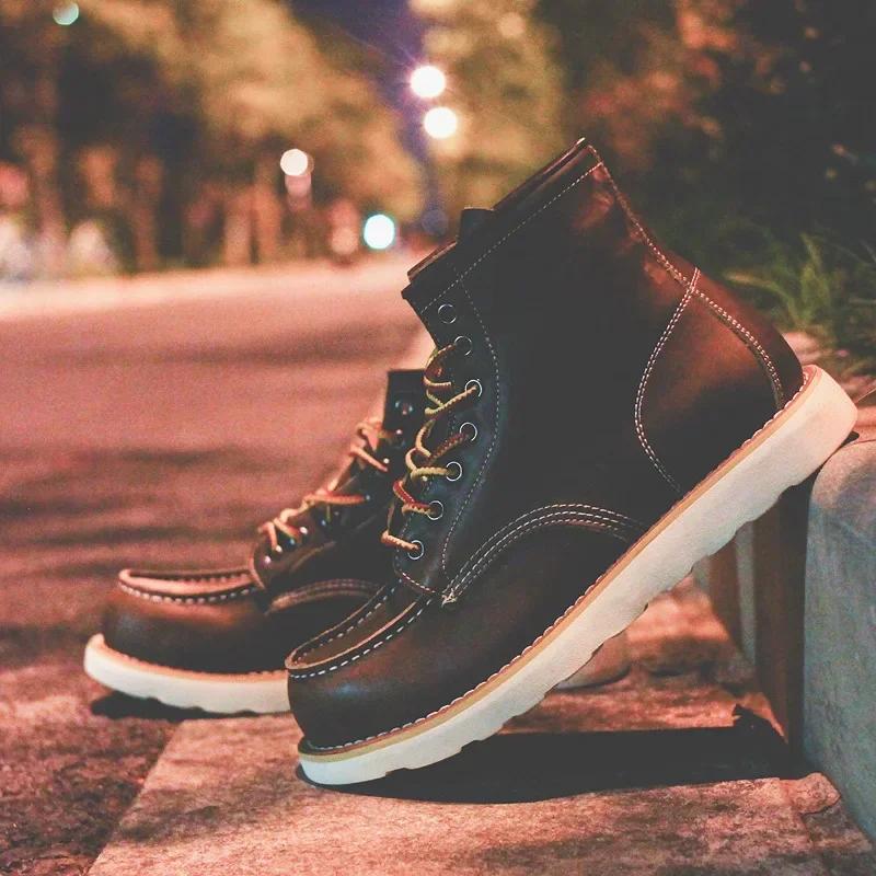 Fashion Genuine Leather Men's Boots Vintage Tooling Boots Women Lovers' Short Boots Woman  Rhubarb Boots Men's Shoes