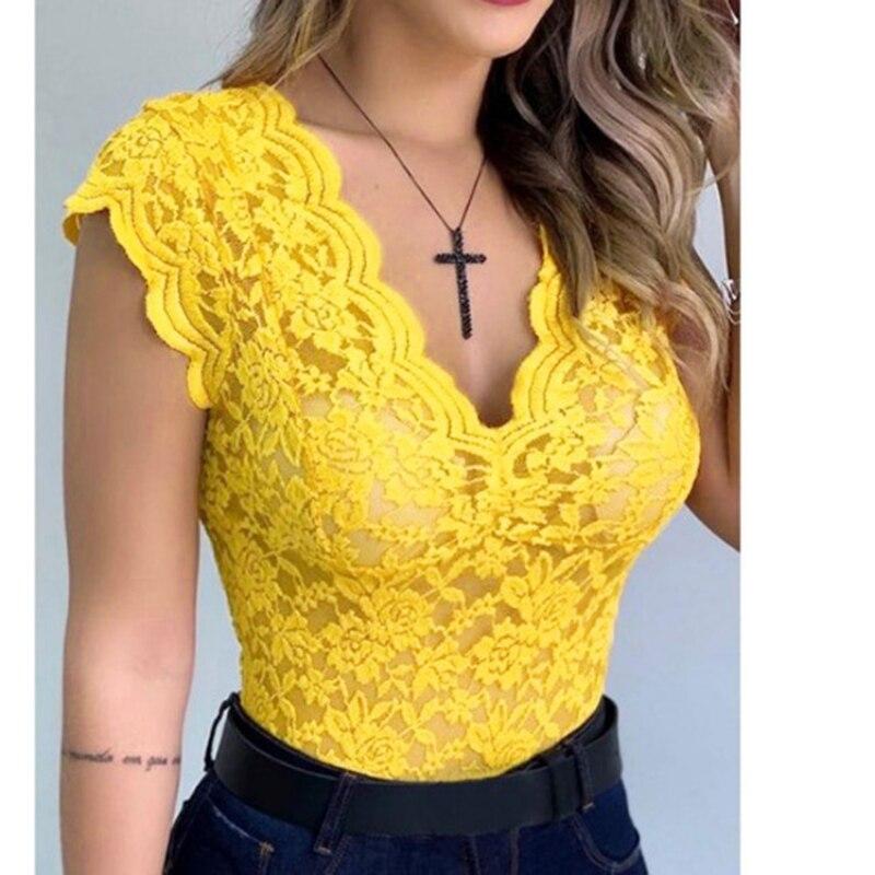 Blusas модные сексуальные блузки с V-образным вырезом женские летние 2023 тонкие кружевные рубашки топы для девочек однотонные топы одежда элегантные 25950