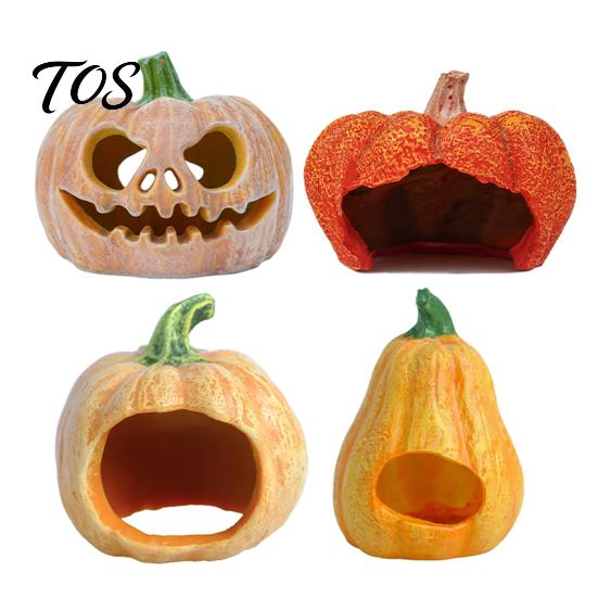 Pumpkin Hideaway for Reptiles Halloween Aquarium Hideout, Ghost Face Betta Fish Small Hiding Spot Hide Cave, Decorative Shrimp Tank Reptile