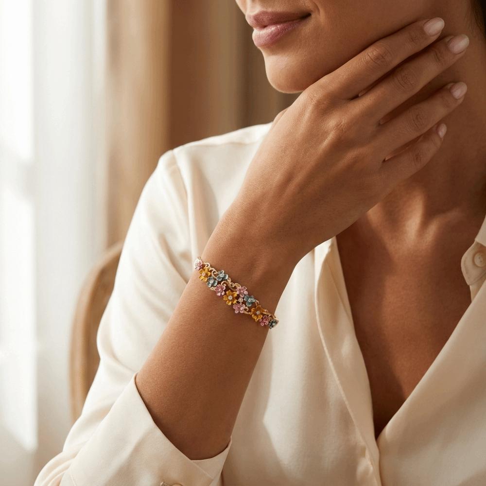 Rhinestone Decor Enamel Bracelet Vintage Floral Open Cuff Bangle Hollow Flower Bracelet Women