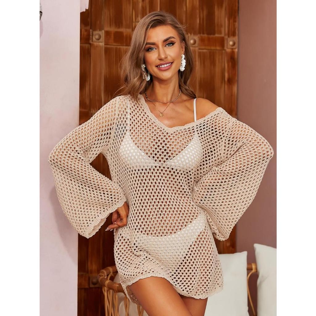 CHARMLEAKS Женский вязанный крючком купальник, накидка с рукавами-колокольчиками, пляжные накидки с открытой спиной, накидка на купальный костюм с зубчатым краем, бикини, купальник