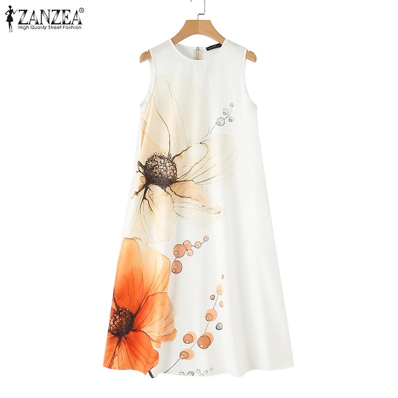 ZANZEA Женское летнее повседневное платье без рукавов с цветочным принтом и круглым вырезом