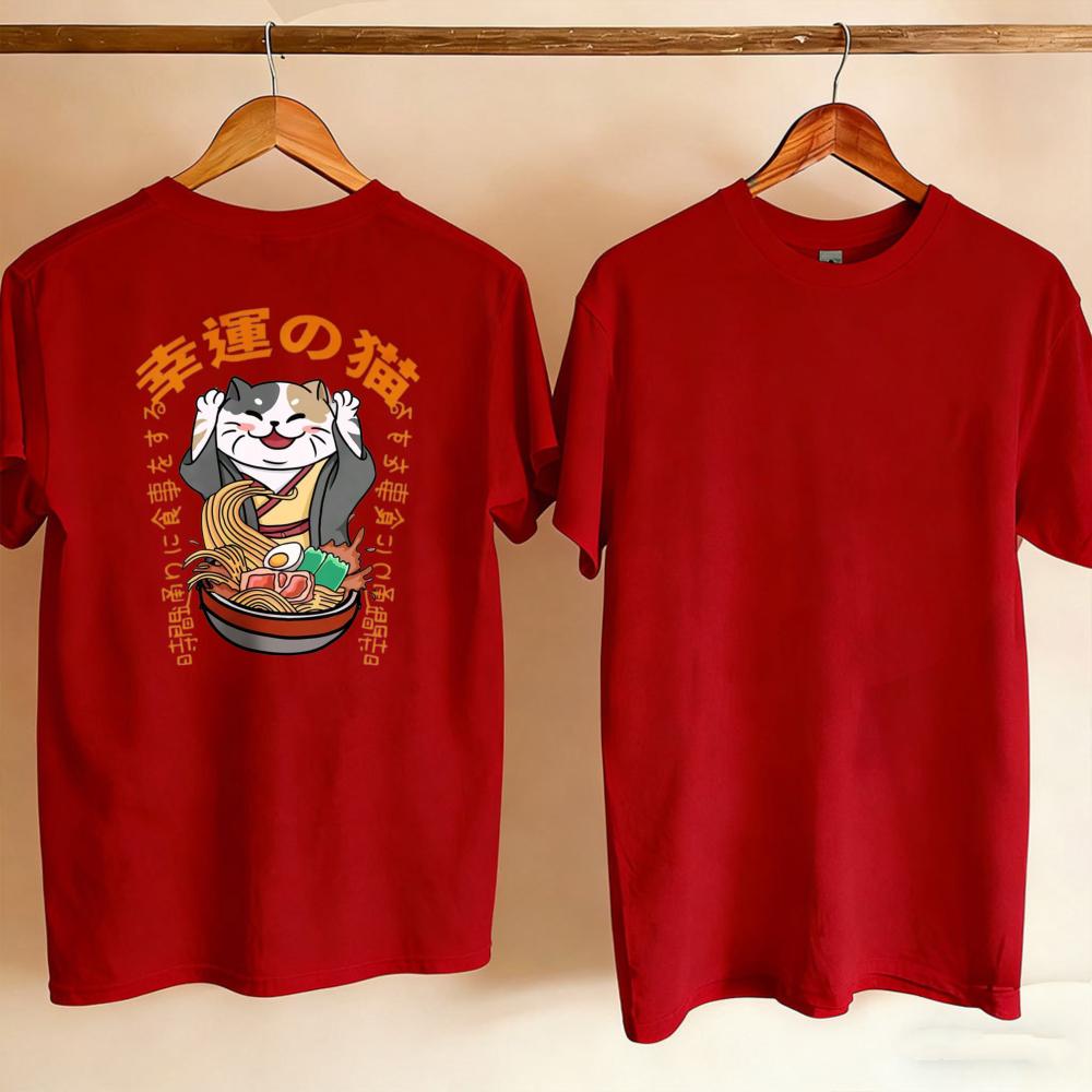 Unisex Lucky Cat Good Fortune Japanese Kanji RaUnisex Bowl Graphic TShirt Vintage Ukiyoe Style Happy Tri Color Cat Cotton Casual Top