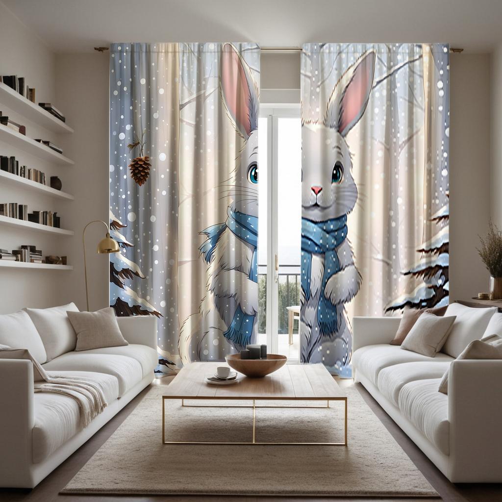 2 Pieces of HD Rabbit Curtain In the Snow White Tie Digital Printed Curtain Home Decoration Style Decoration Living Room Bedroom