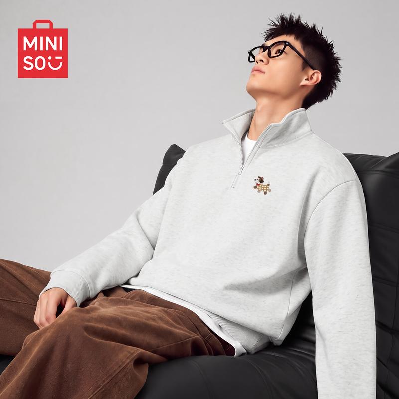 MINISO Men's Half-Zip Pullover Sweatshirt with Puppy Patch