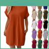 Fashion Color Round Solid Womens Neck Pocket Loose Short Sleeved Dress