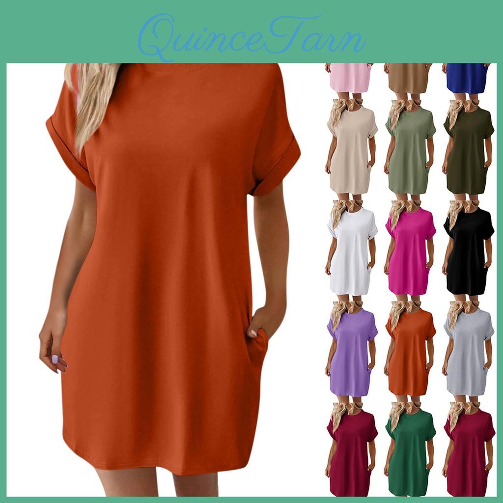 Fashion Color Round Solid Womens Neck Pocket Loose Short Sleeved Dress