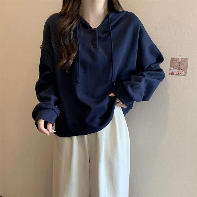 Womens Hoodie Spring Autumn Loose Fit Casual Sweater With Button Patches For Daily Wear
