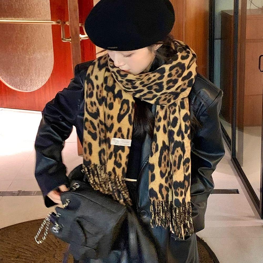 Сладкий Прохладный Шарф с Леопардовым Узором Ретро Шерстяная Шаль Элегантные Шарфы с Кисточками Мужской