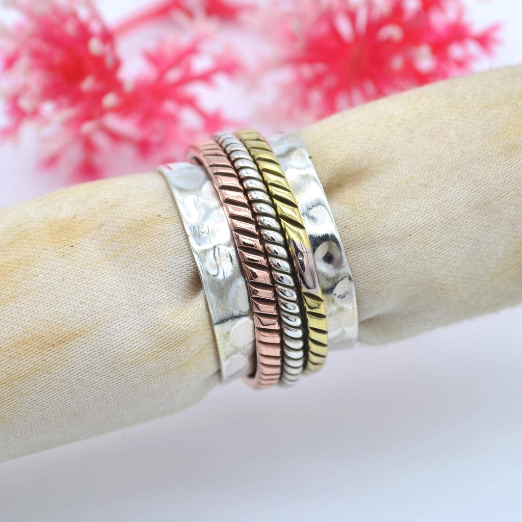 Кольцо-спиннер, трехцветное кольцо-спиннер из стерлингового серебра 925 пробы, кольцо для большого пальца