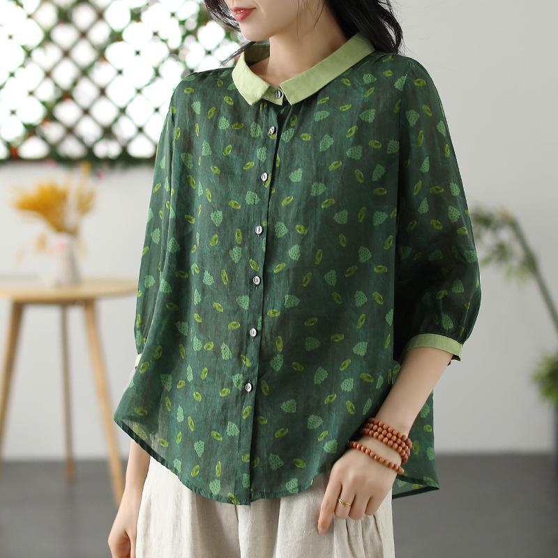 Весна-лето дышащая свободная хлопковая льняная рубашка с принтом и рукавом семь четвертей с узором для женщин, блузки и рубашки