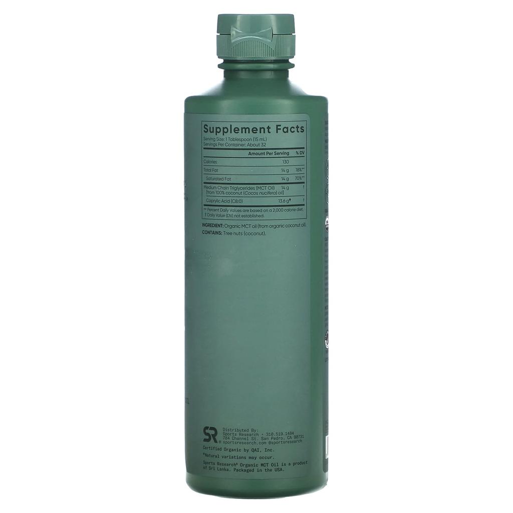 Sports Research Organic MCT C8 Oil, Unflavored, 16 Fl Oz (473 Ml)
