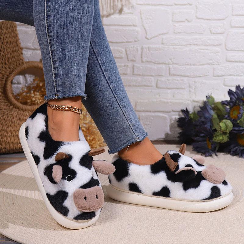 New Winter Cartoon Cow Warm Plush Slippers Women Indoor Non-Slip House Fur Slides Woman Wrap Toe Soft Flat Home Cotton Shoes
