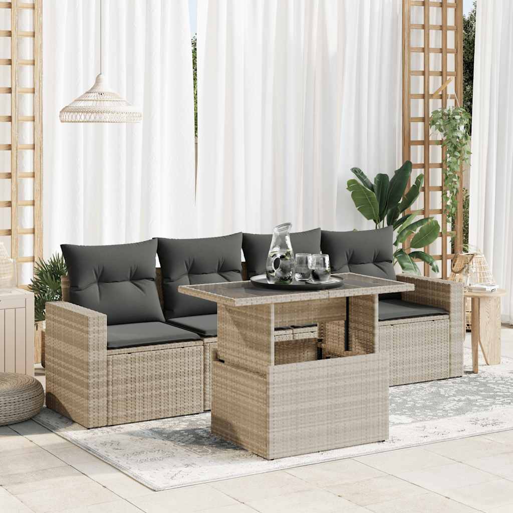5 Piece Garden Sofa Set with Cushions Light Grey Poly Rattan