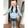 Winter sweet lazy wind fur collar blue hooded cotton jacket women's new versatile bow warm bread clothes