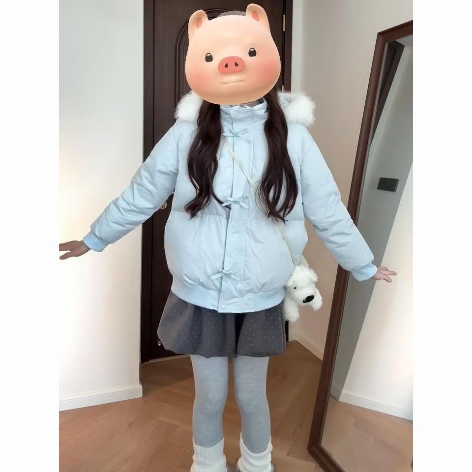 Winter sweet lazy wind fur collar blue hooded cotton jacket women's new versatile bow warm bread clothes