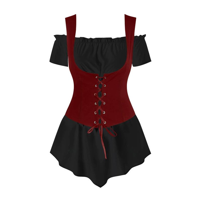 2025 Fashion Literature Retro Steampunk Boat Neck Shirt Lace-Up Vest Punk Style Two-Piece Set for Women