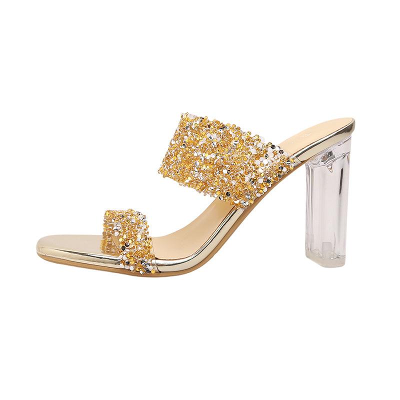 2024 New Women Shoes Sexy Party Women's High-heeled Beach Sandals Spring Summer Square Head Crystal Heel Sandals Golden Fashion