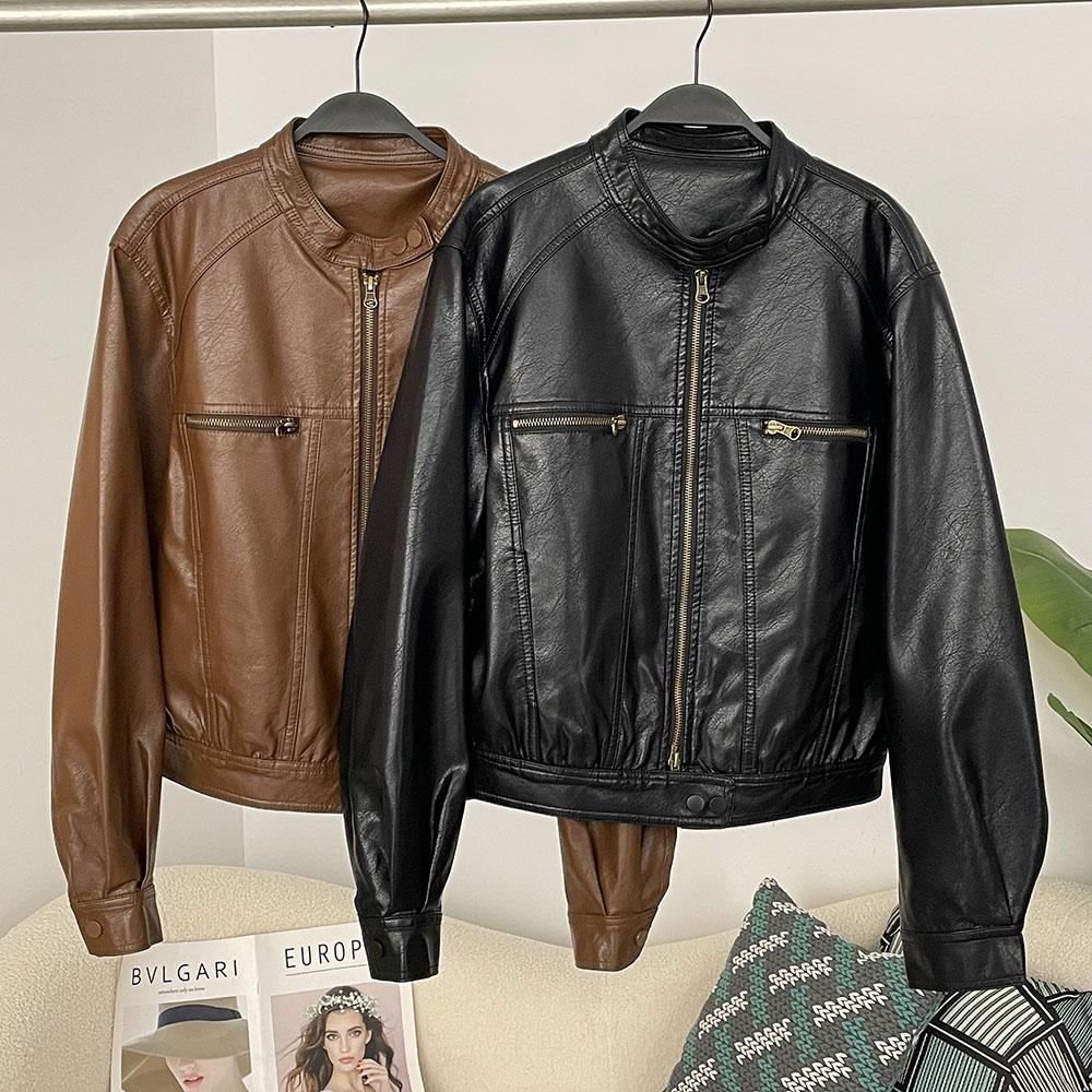 OFTBUY Женская винтажная свободная короткая куртка из искусственной кожи с карманами, мотоциклетная куртка, женская молния, ретро-байкерское пальто, верхняя одежда, топы