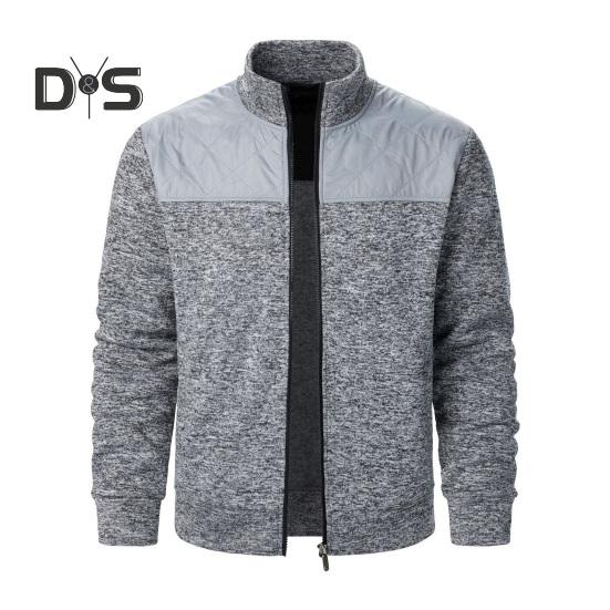 Осень-зима мужская куртка трикотажная пэчворк застежка-молния воротник стойка кардиган длинные рукава средней длины приталенный крой термопальто