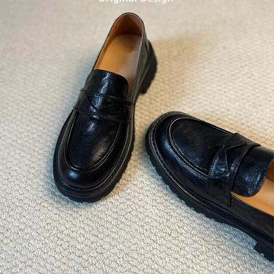 Женские лоферы из овчины на толстой подошве для通勤, ретро британский стиль, круглый носок, на одном педале, простые профессиональные маленькие кожаные туфли, не утомляют