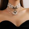 Stylish Multi-layer White Lace Necklace Collar for Women, Trendy Collarbone Chain Necklace, Pearl Pendant.